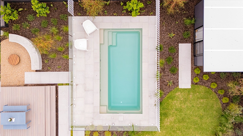 The Escape 6m - fibreglass swimming pool in beach colour