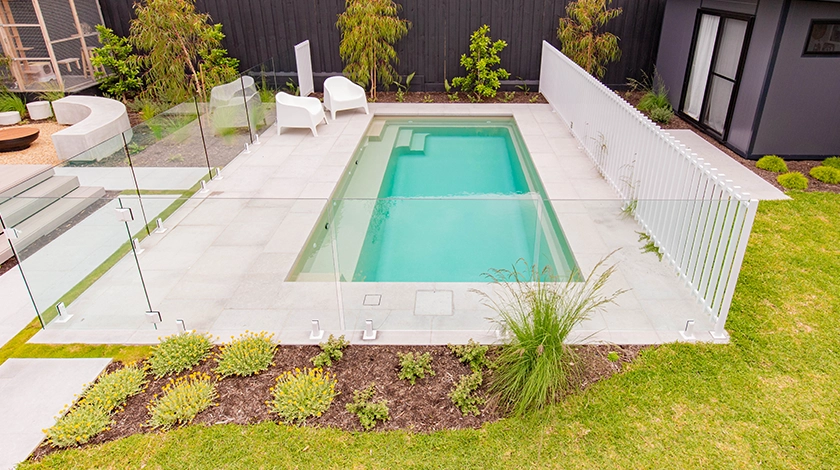 The Escape 6m - fibreglass swimming pool in beach colour