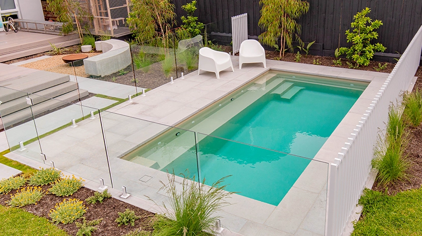 The Escape 6m - fibreglass swimming pool in beach colour