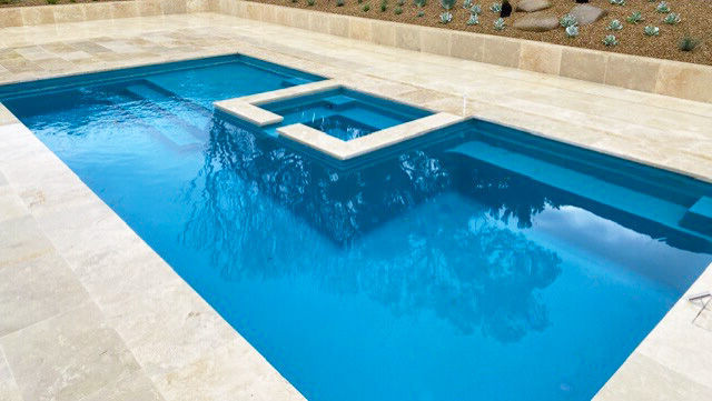 The Muse with Spa 7.60m in Shoreline A beautiful large fibreglass swimming pool in stunning aquamarine colour