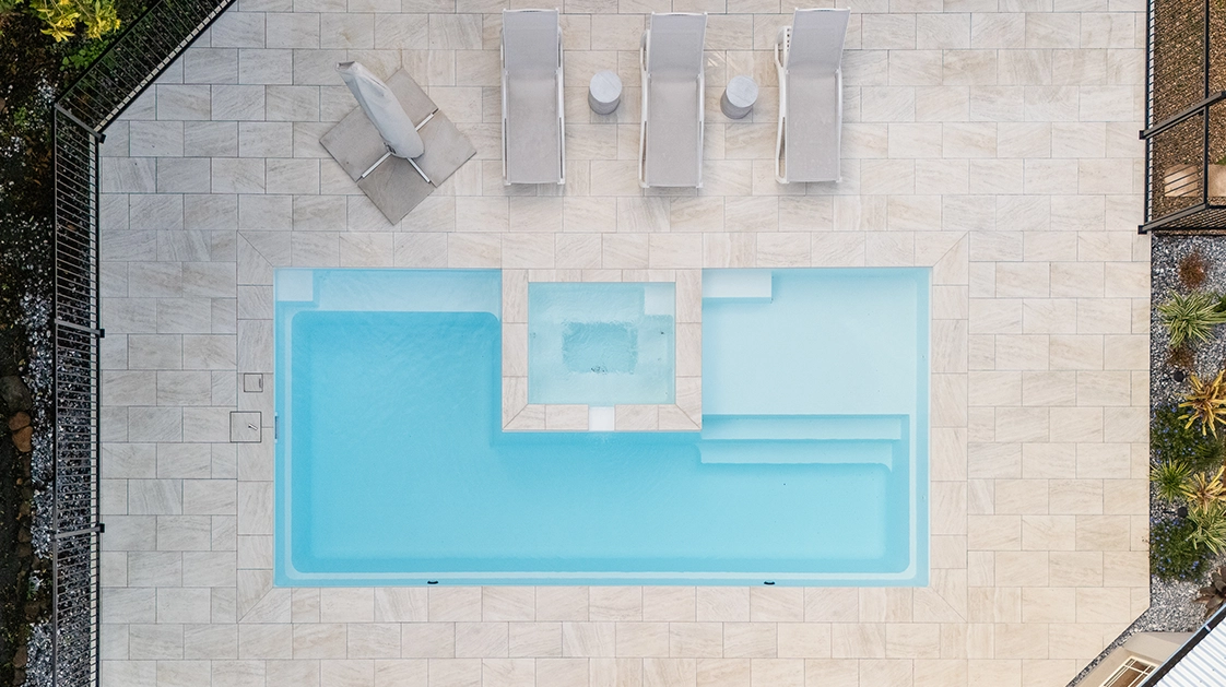 IMG NP AU The Muse Spa 7.62 Pearl 01 The Muse with Spa 7.60m in Pearl, installed in Sunshine Coast, QLD. Picture: Nexus Pools Sunshine Coast North.
