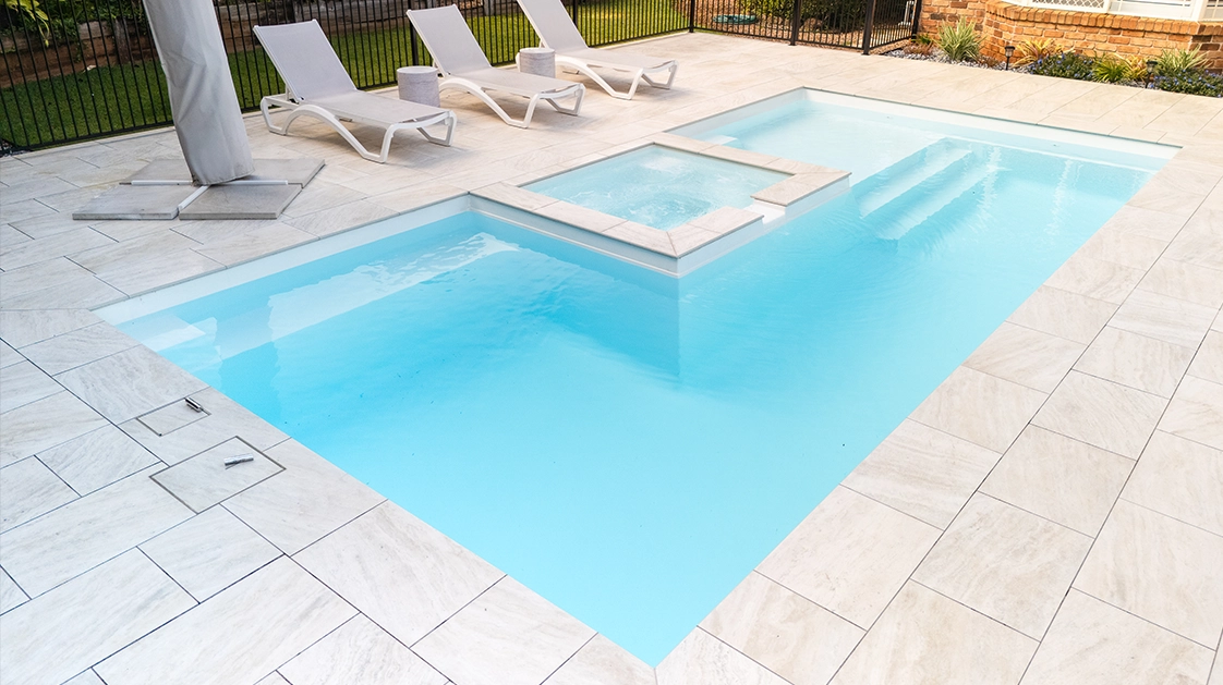 IMG NP AU The Muse Spa 7.62 Pearl 02 The Muse with Spa 7.60m in Pearl, installed in Sunshine Coast, QLD. Picture: Nexus Pools Sunshine Coast North.